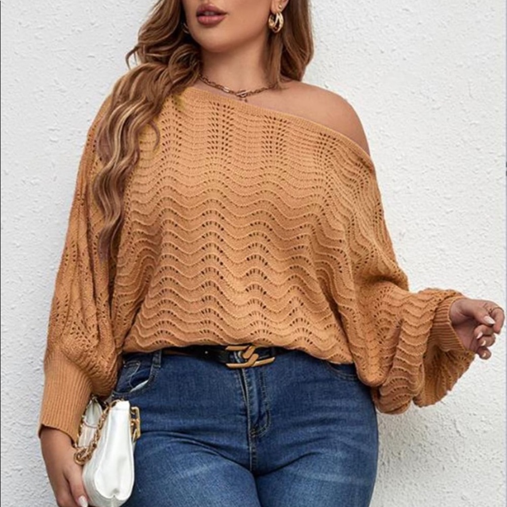 Plus Off Shoulder Asymmetrical Neck Batwing Cuff Sleeve Sweater Top - Picture 11 of 13